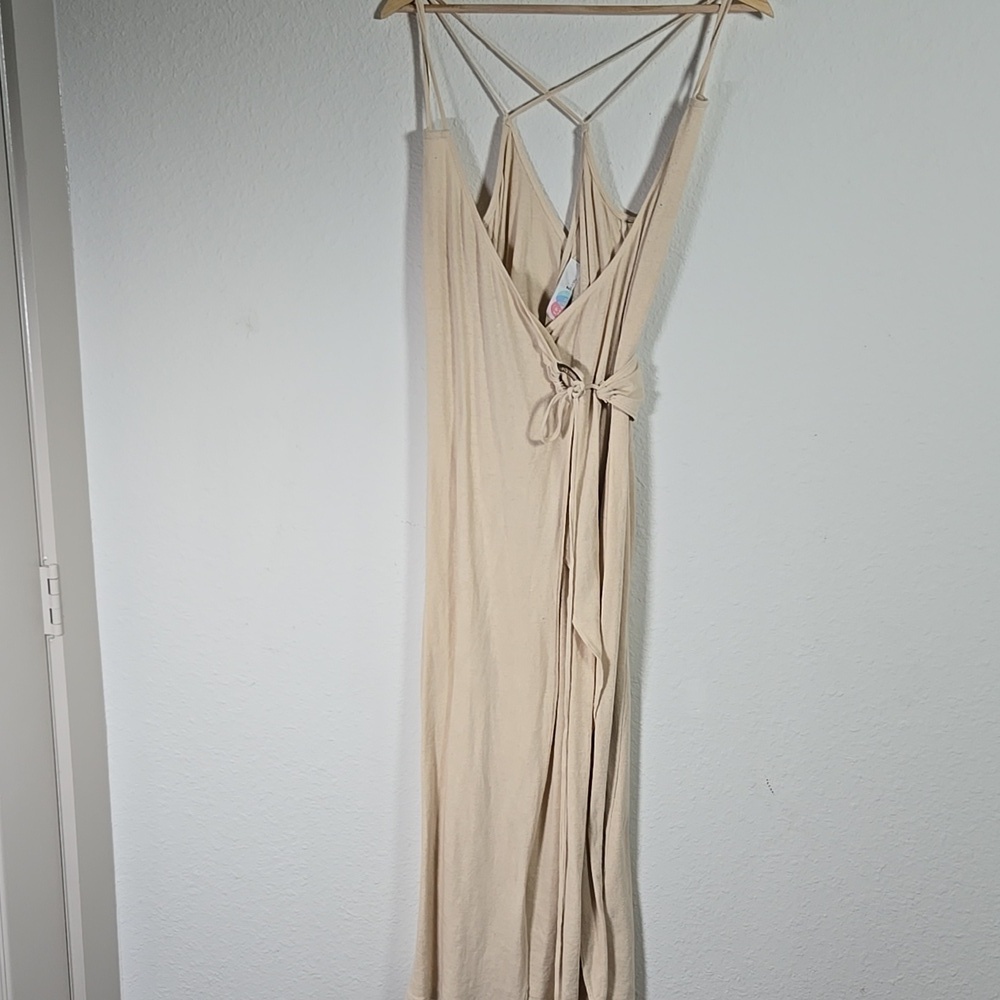 FREE PEOPLE Beach Lilo Wrap Beige Midi Dress Sz M - Picture 6 of 11
